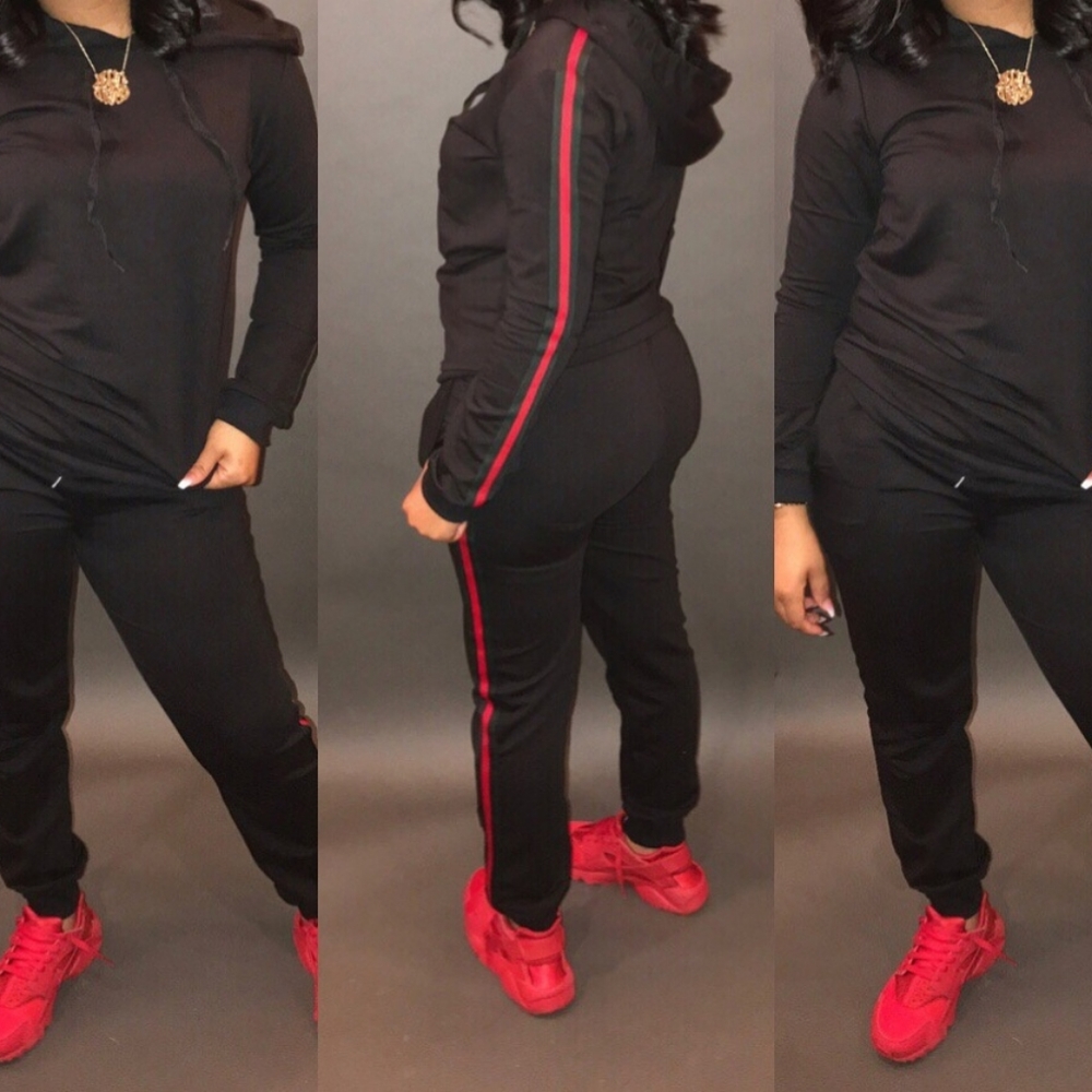 Ladies Black Sweatsuit with red&green stripe/size 12